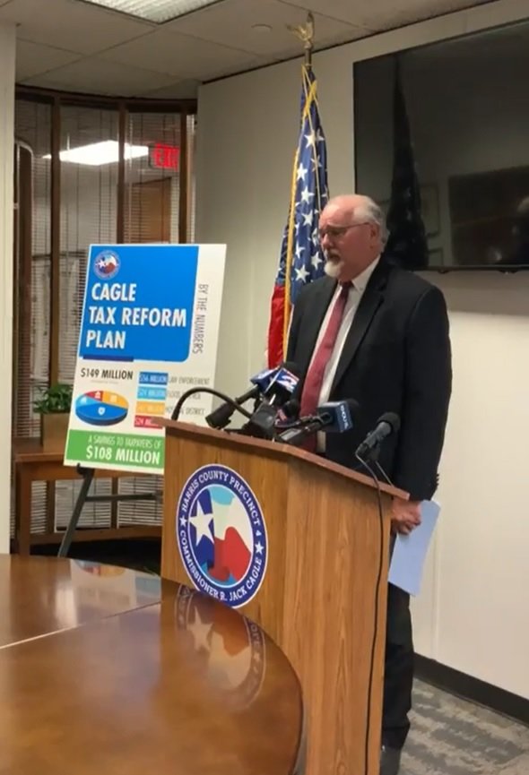 Harris County Pct. 4 Commissioner R. Jack Cagle at a Oct. 4 news conference at which he proposed a tax reform plan which, he said, if adopted would end the county's budget impasse.